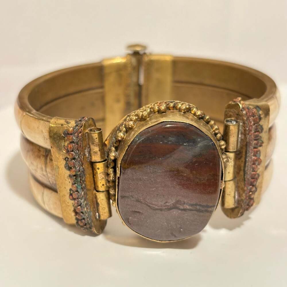 Hinged Pin Bovine Bone Bracelet Agate Stone Brass Accents Vintage Jewelry
